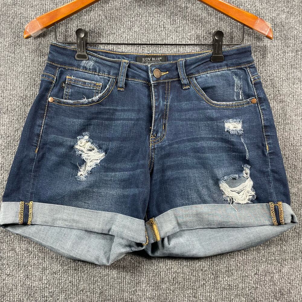 Judy Blue Cuffed Hem Jean Shorts Women's Medium Blue Denim Distressed Stretch